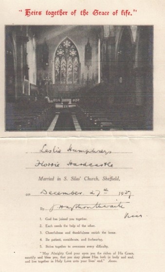 Marriage Certificate of Florrie Hardcastle and Leslie Humphries, St Silas Church. 27th December 1937 | Photo: Pat Collins